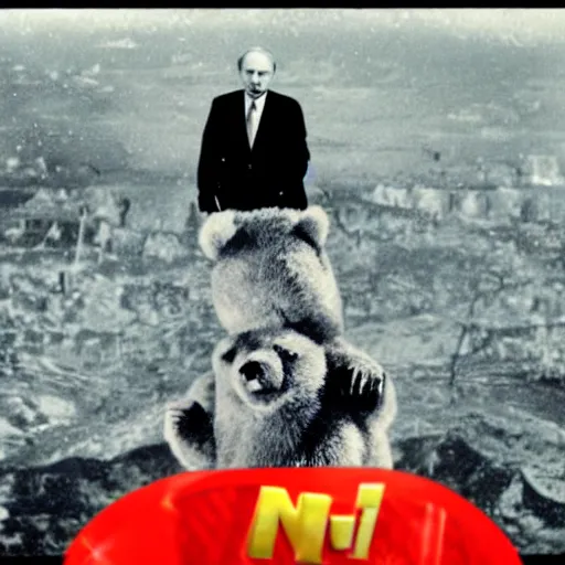 Image similar to putin on a bear, fish eye, atomic bomb in background