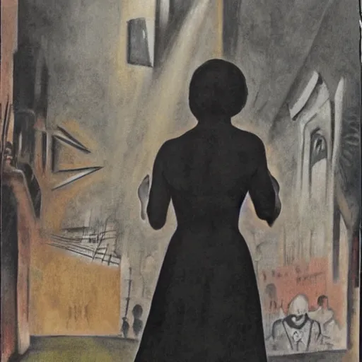 Image similar to This street art was painted in 1937 during the Guerra Civil Española. The woman in the street art is weeping. She is wearing a black dress and a black veil. Her face is distorted by grief. The street art is dark and somber. afrofuturism by Dora Maar, by Heywood Hardy loose, lively