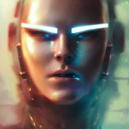 Prompt: a beautiful portrait of a cyborg with futuristic cybernetic glowing war face paint, dynamic pose, sci - fi, cyberpunk by ruan jia, roger dean, rene magritte, trending on artstation, award winning, 8 k