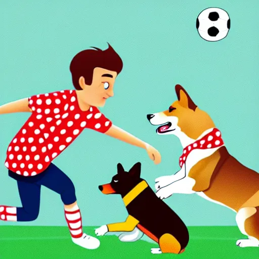 Image similar to illustration of french boy in paris playing football against a corgi, the dog is wearing a polka dot scarf
