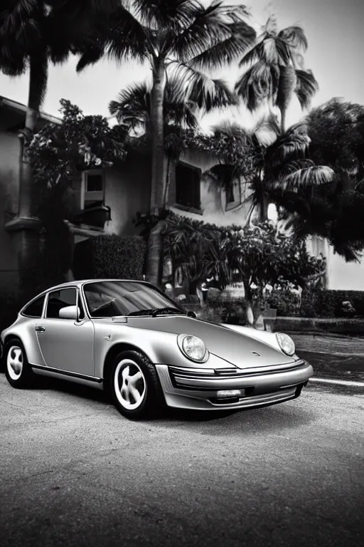 Prompt: Photo of a silver Porsche 911 Carrera 3.2, daylight, dramatic lighting, award winning, highly detailed, 1980s Versace ad, fine art print, best selling.