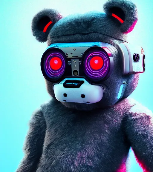 Image similar to portrait of a plush teddy bear, with cool cyberpunk dressing and implants, by greg rutkowski, wlop, beeple, dan mumford. octane render, trending on artstation, greg rutkowski very coherent symmetrical artwork. cinematic, hyper realism, highly detailed, octane render, 8 k, iridescent accents