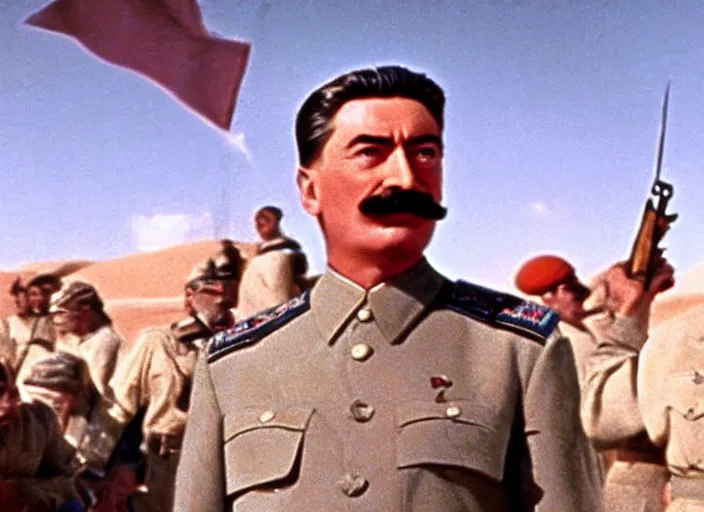 Prompt: a film still of josef stalin in lawrence of arabia ( 1 9 6 2 ), technicolor