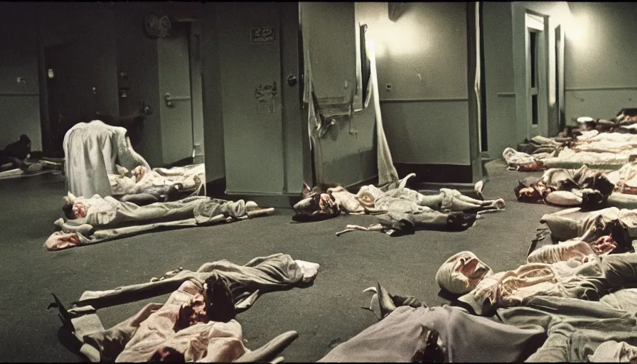 Prompt: 7 0 s film still from a horror movie about dead bodies in new orleans, kodachrome, cinecolor, cinestill, film grain, film texture, retro, cinematic, high resolution, photorealism,