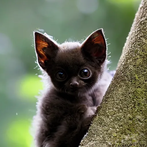 Prompt: a photo of a bat kitten sitting in the forest