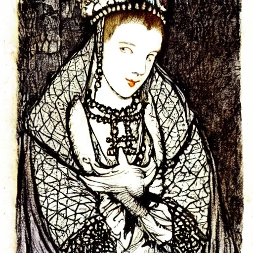 Image similar to Anne Boleyn is a bird, avian, illustration in the style of Arthur Rackham