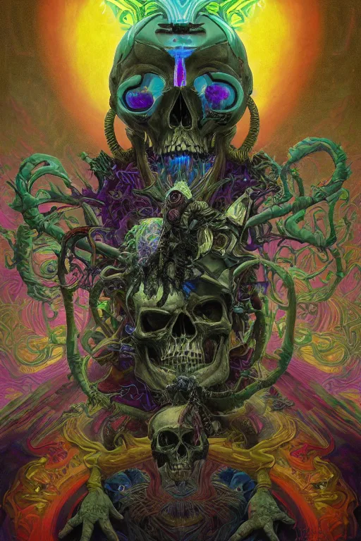 Image similar to gigantic psychedelic demonic cosmic skull of death, outer space, fantasy painting, ultra realistic, dmt, symmetrical, wide angle, intricate details, digital painting, rainbowshift, vivid colors, highly detailed by peter mohrbacher, h. r. giger, maxfield parrish, alphonse mucha, craig mullins, octane render, cgi