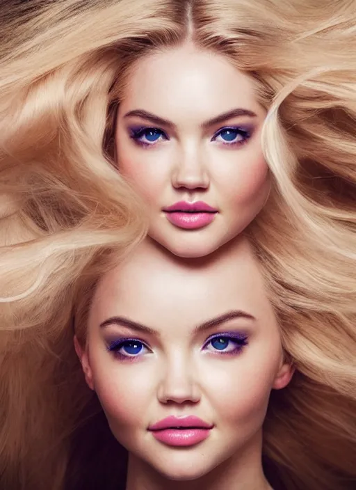 Image similar to beautiful portrait of a young woman with a perfect body who is a perfect blend of kate upton and dove cameron dressed like alice from alice in wonderland and rolling hard on ecstasy and peaking on pure molly and running her hands through her hair, pupils dilated, gasping in euphoric ecstasy, photography, high definition, 8 k resolution, retouched, glamour