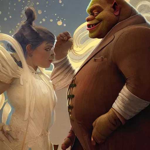 Image similar to Senator Armstrong Shakes hands with Shrek, intricate, stunning, highly detailed, digital painting, artstation, concept art, smooth, sharp, focus, illustration, art by artgerm and greg rutkowski and alphonse mucha