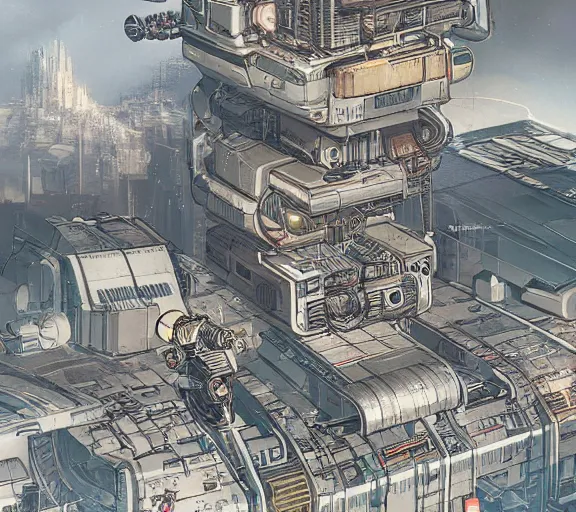 Image similar to cyberpunk space station, Industrial Scifi, detailed illustration, concept art, by Martin Grip and Moebius