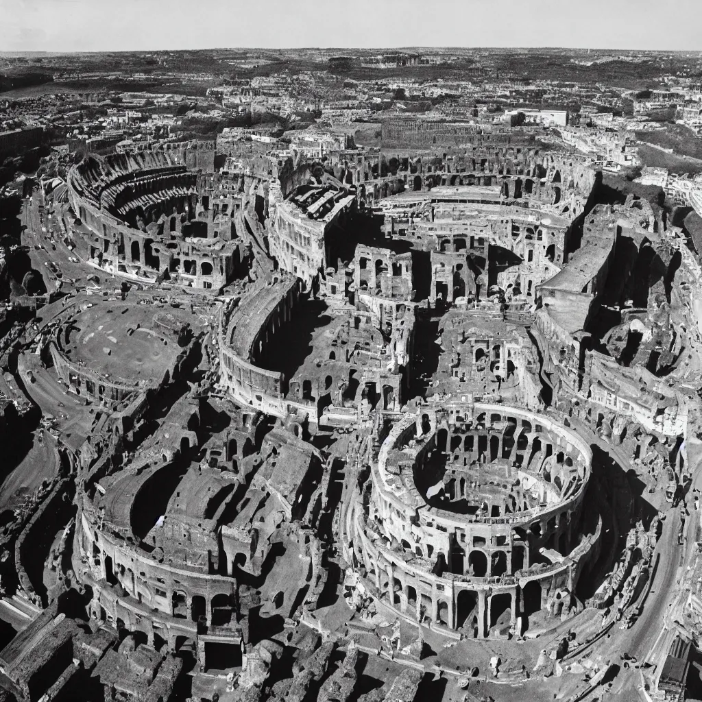 Prompt: An aerial view of the Roman colosseum with datacenter and machine to terraform the Earth after destruction in the style of Robert Doisneau