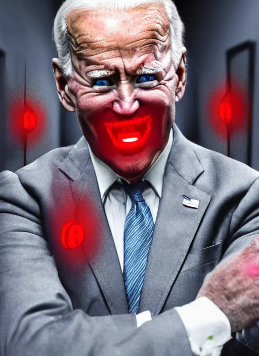 Image similar to hyper realistic ultra realistic horror terror dimensional photo furious glowing red eyes biden, high quality photo, detailed , 8k