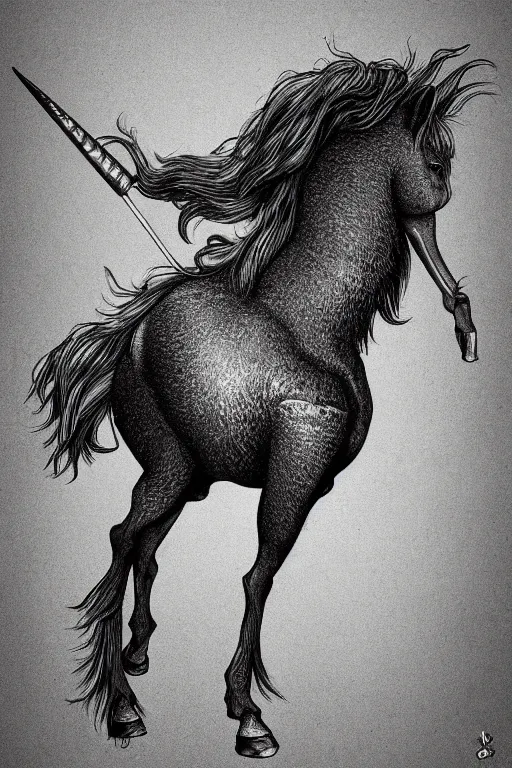 Image similar to horse with a narwhal horn, symmetrical, highly detailed, digital art, sharp focus, trending on art station, kentaro miura manga art style