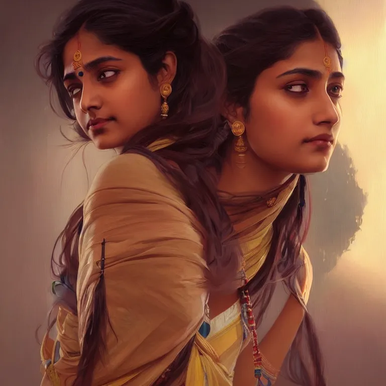 Image similar to Anxious pretty young Indian doctor waiting for her flight, portrait, sci-fi face, elegant, highly detailed, digital painting, artstation, concept art, smooth, sharp focus, illustration, art by artgerm and greg rutkowski and alphonse mucha