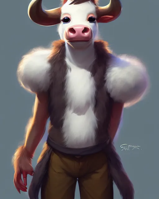 Prompt: character concept art of a cute young male anthropomorphic furry cow | | cute - fine - face, pretty face, key visual, realistic shaded perfect face, fine details by stanley artgerm lau, wlop, rossdraws, james jean, andrei riabovitchev, marc simonetti, and sakimichan, trending on artstation