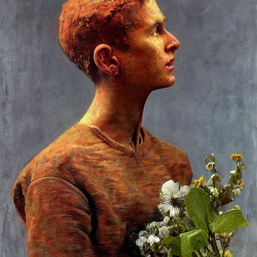 Prompt: a sculpture portrait made of ceramic and metal and flowers and plants, painting part by wojciech siudmak, part by ilya repin, part by max ernst, part by norman rockwell, artstation