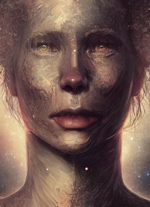 Image similar to dark portrait of the earth as a human crying on space, au naturel, hyper detailed, digital art, trending in artstation, cinematic lighting, studio quality, smooth render, unreal engine 5 rendered, octane rendered, art style by klimt and nixeu and ian sprigger and wlop and krenz cushart.