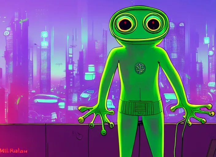 Image similar to cyberpunk pepe the frog, futuristic city, computers, dylan kowalski, marat zakirov, albert ramon puig, trending on artstation, 8 k