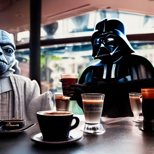 Prompt: photo of darth vader and yoda drinking coffee in a bar, sigma lens 70mm