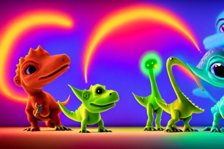 Image similar to pixar designed cute, smiling chibi style baby dinosaurs made entirely out of glowing electrified hypercolor plasma, having fun inside a psychedelic realm made entirely out of love and acceptance and hypercolors. astral beings sharing love. renderman, ray tracing, symmetrical faces, 3 d models