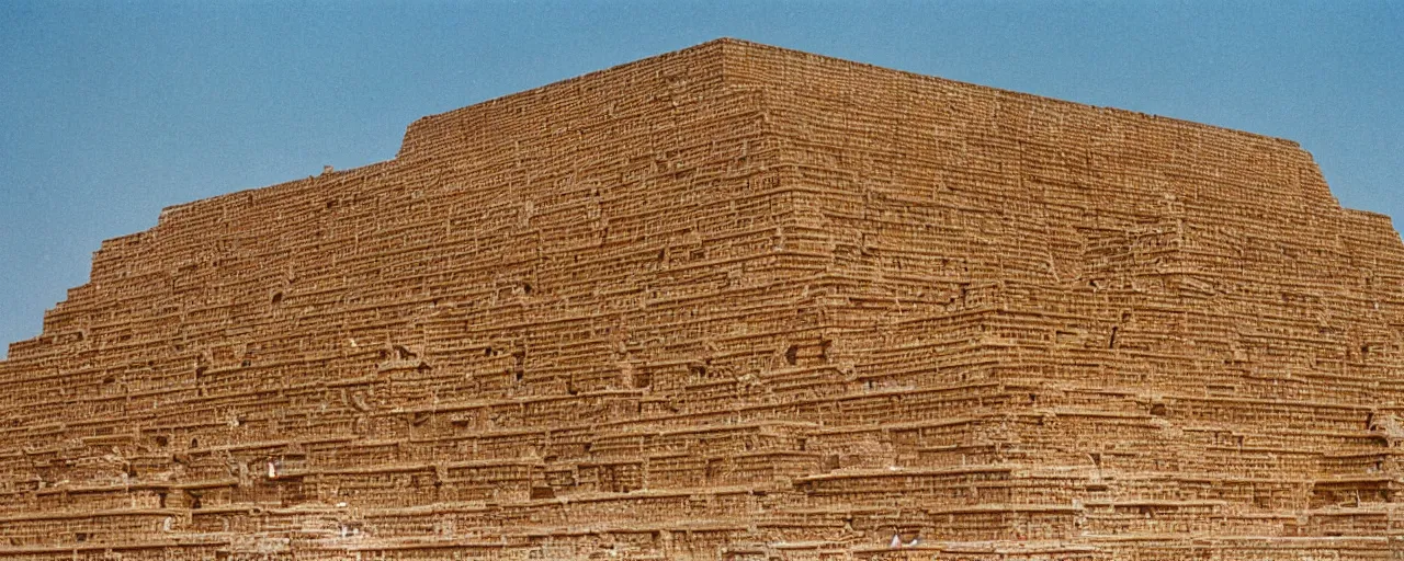 Image similar to an ancient mesopotamian ziggurat built with spaghetti, architectural, minimal, canon 5 0 mm, wes anderson film, kodachrome