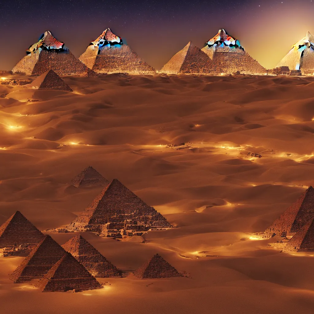 Prompt: magical pyramids of egypt glowing in universe space, octane render, 8k, extremely detailed