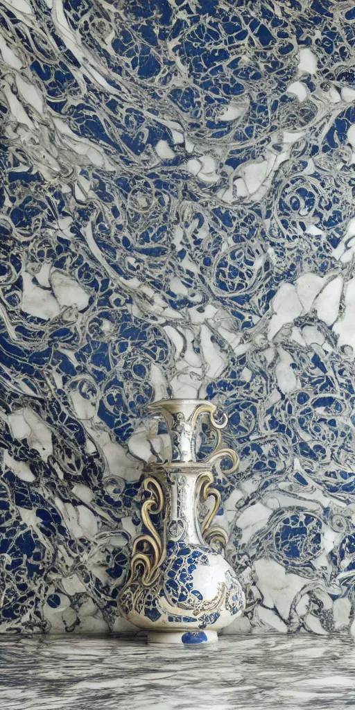 Image similar to an ornate baroque vase breaking on the marble tile floor, exploding into dust, dark - blue light - blue gold silver white black beige, volumetric dust rays, intricate detail, ultra realistic, cinematic lighting, moody, wet, shiny