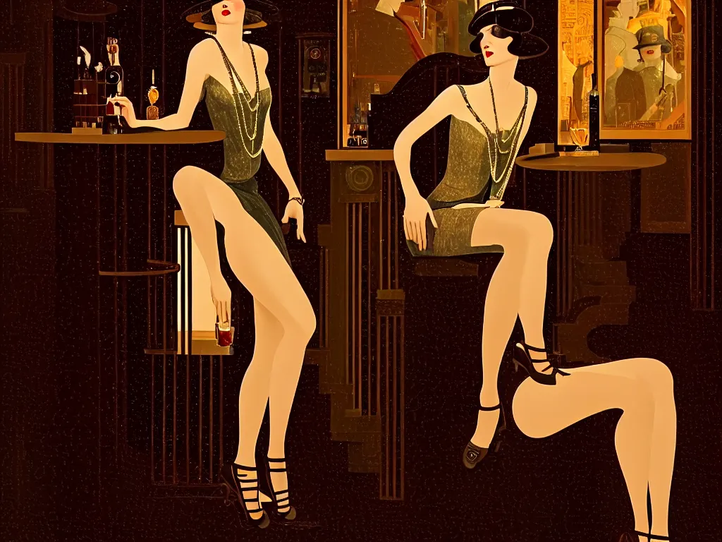 Prompt: late shift, dimly lit upscale 1920s speakeasy, relaxed pose, art deco, detailed painterly digital art style by Coles Phillips, retro vibe, furaffinity, 8k octane beautifully detailed render, post-processing, extremely hyperdetailed, intricate, epic composition, grim yet sparkling atmosphere, cinematic lighting + masterpiece, trending on artstation, very detailed, vibrant colors, Art Nouveau, masterpiece, romanticism