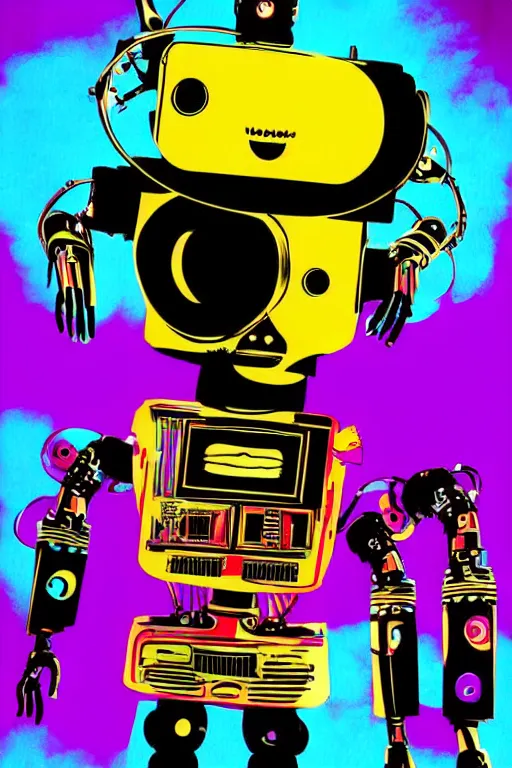 Image similar to extreme wide shot of a robot pirate, wearing an eye patch, Bionic Arms. pop surrealism, pop art. digital art. by Andy Warhol, wide shot