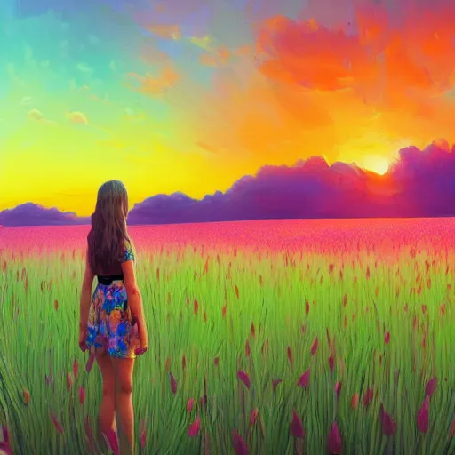 Image similar to giant gladiola flower as head, full body girl standing in a flower field, surreal photography, sunrise, dramatic light, impressionist painting, colorful clouds, digital painting, artstation, simon stalenhag