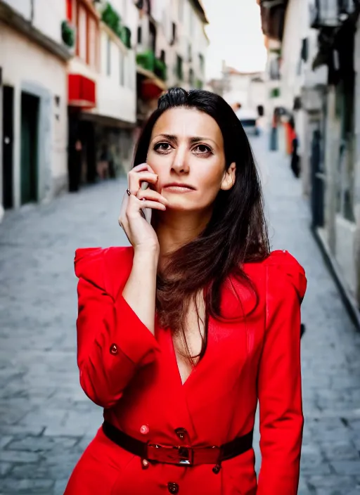 Image similar to close up portrait of beautiful 35-years-old Italian woman, wearing a red outfit, well-groomed model, candid street portrait in the style of Mario Testino award winning