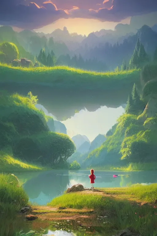 Prompt: beautiful matte painting by goro fujita whimsical art fantasy path mountains and meadow in the background near a lake reflecting the trees, atmospheric lighting, painted, intricate, volumetric lighting, beautiful, rich deep colors masterpiece, sharp focus, ultra detailed by