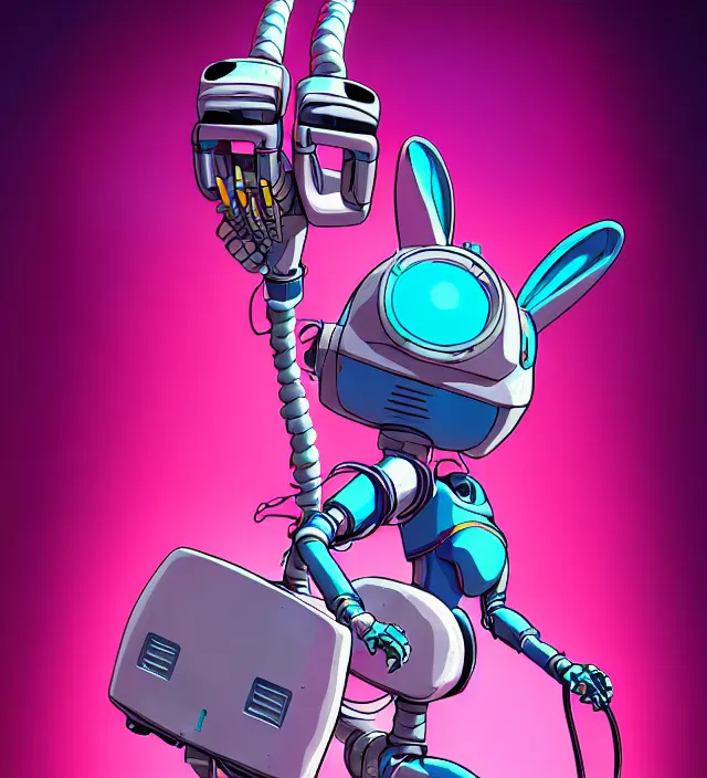 Image similar to retrowave robot rabbit girl, carrying eletro - whip, animation character design by akira toriyama, don bluth, jack kirby, alex toth, capcom, action - adventure, sharp detail, artstation trending, conceptart. com