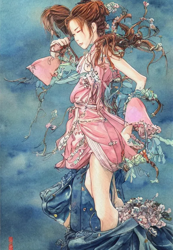 Image similar to aerith gainsborough, watercolor painting, full - body, ukiyo - e, nouveau, concept art, 8 0's fantasy art, yoshitaka amano, highly detailed, intricate, trending on artstation, award - winning