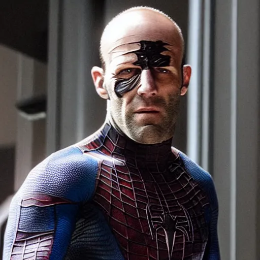 Image similar to jason statham as unmask spiderman, an film still