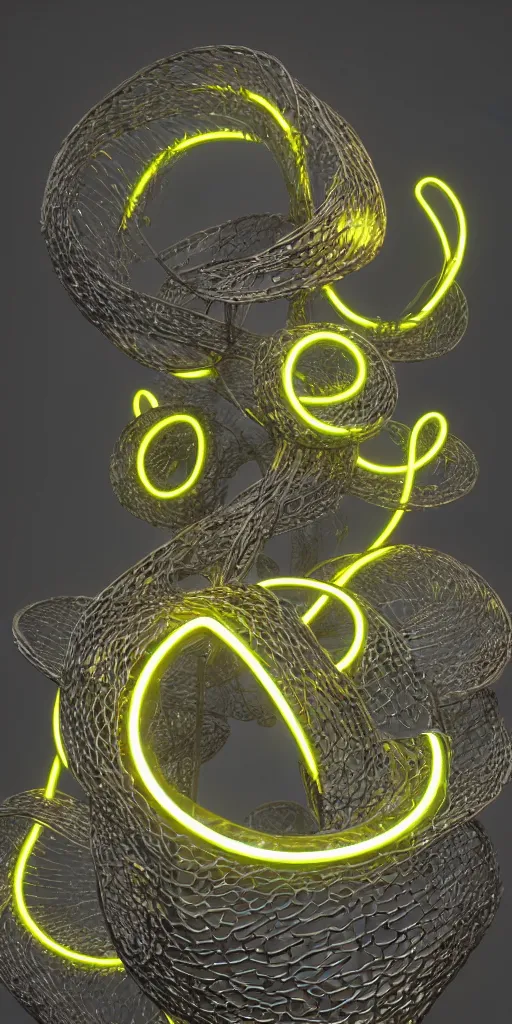 Image similar to a photorealistic render of an organic sculpture made of melted metal, bright neon circles on a black background, c 4 d, by zhelong xu, ouchh studio and ernst haeckel, wide angle, hyper realistic, 8 k, volumetric lightning, octane render