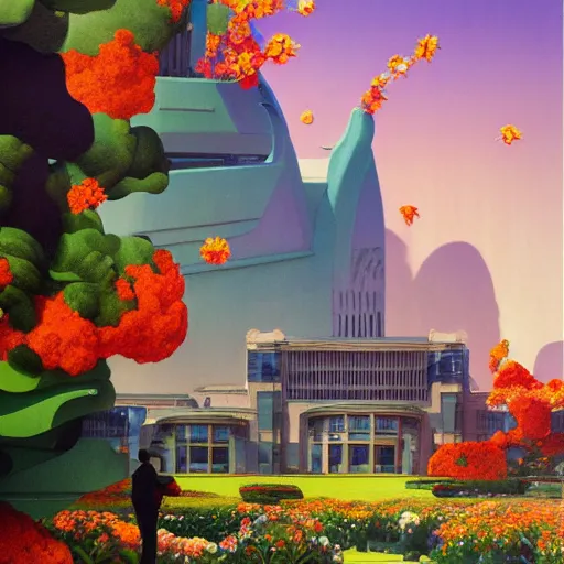 Image similar to a painting of an art deco building surrounded by flowers, a watercolor and matte painting by beeple and rhads and maxfield parrish, cgsociety, artdeco, dystopian art, sci - fi, artstation hq