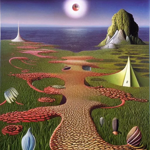 Image similar to the path less taken by jacek yerka, roger dean and salvadore dali w - 7 6 8