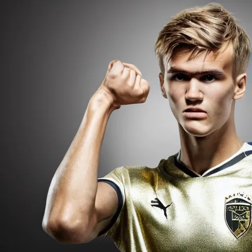 Image similar to a realistic detailed photo of a guy who is an attractive humanoid who is half robot and half humanoid, who is a male android, soccer player martin ødegaard, shiny skin, posing like a statue, blank stare, in a living room, on display, showing off his muscles, gold soccer shorts