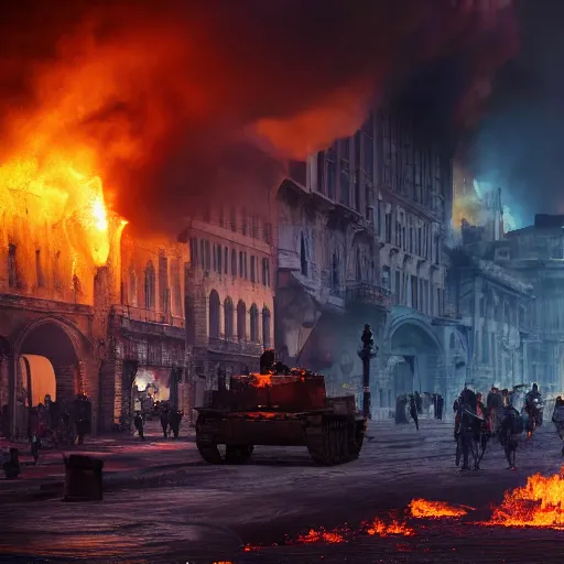 Image similar to City ablaze after cryptic aliens burned the old city center, people panicking and tanks rolling on the streets, cinematic lighting, high quality 8k hd, oil on canvas, hyperralistic art