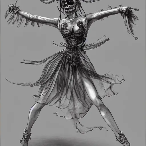 Prompt: aerial dancer in city of skeletons by ueshiba riichi illustration, highly detailed dress, concept art