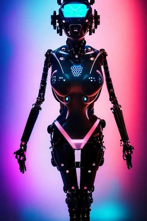 Image similar to cybernetic ultra high tech female robot with cat ears, sci - fi, cyberpunk, high tech, futurism, exoskeleton, symmetry, cinematic, elegant, luxury, perfect light, perfect composition, dlsr photography, sharp focus, 8 k, ultra hd, sense of awe, highly detailed, realistic, intricate, science journal cover