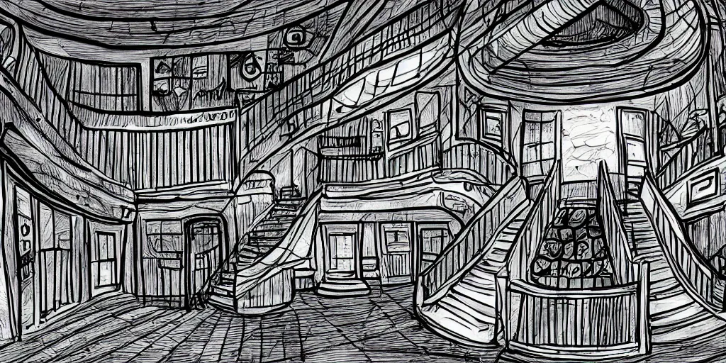 Image similar to a dimly lit, theater hall, 3 doors, 1 staircase, day of the tentacle style, drawn by Peter Chan, fish eye