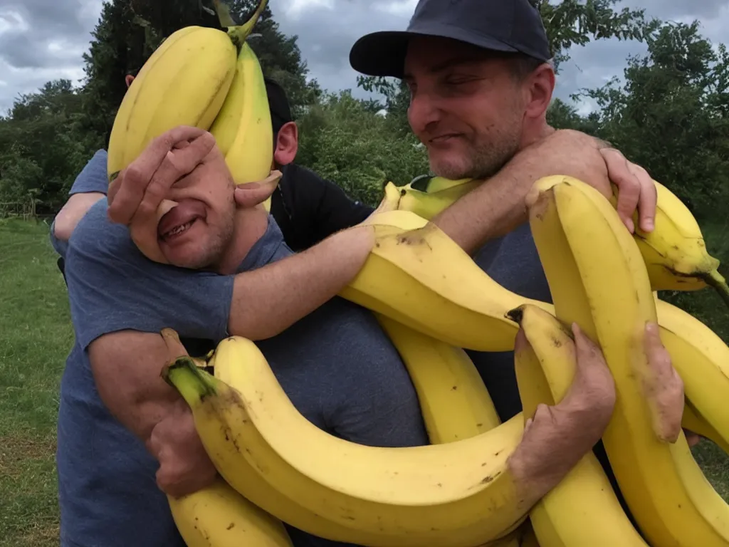 Image similar to a photograph of michael balzary hugging a big banana