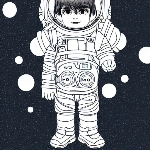 Image similar to clean simple line art of a cute little boy with short straight hair. he is dressed as an astronaut. no background. well composed, clean coloring book page, beautiful detailed face. coloring book line art by artgerm and greg rutkowski and johanna basford and alphonse mucha