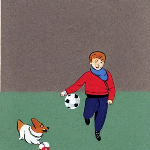 Image similar to book illustration of a french boy on the streets of paris playing football against a corgi, the dog is wearing a polka dot scarf, 1 9 6 6