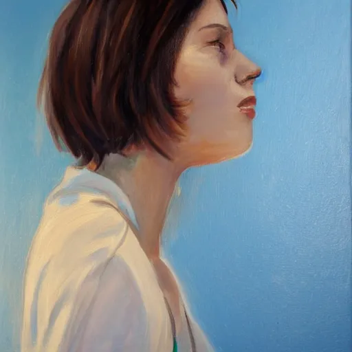 Prompt: painting, young woman, side view, short brown hair, blue eyes, crying