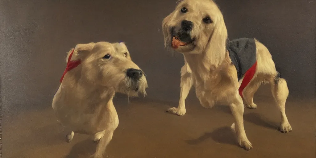 Prompt: Pedro Sánchez as anthropomorphic dog, oil painting