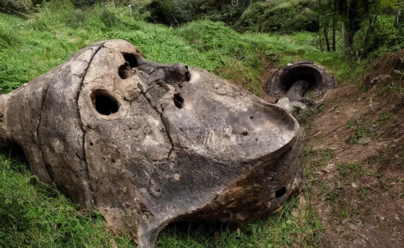 Image similar to cave built into an early medieval village lit by torches, large dinosaur skull, plants