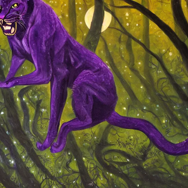 Prompt: closeup of a purple panther roaring at the moon in the forest. night. large moon in the center. cinematic. oil painting. concept art